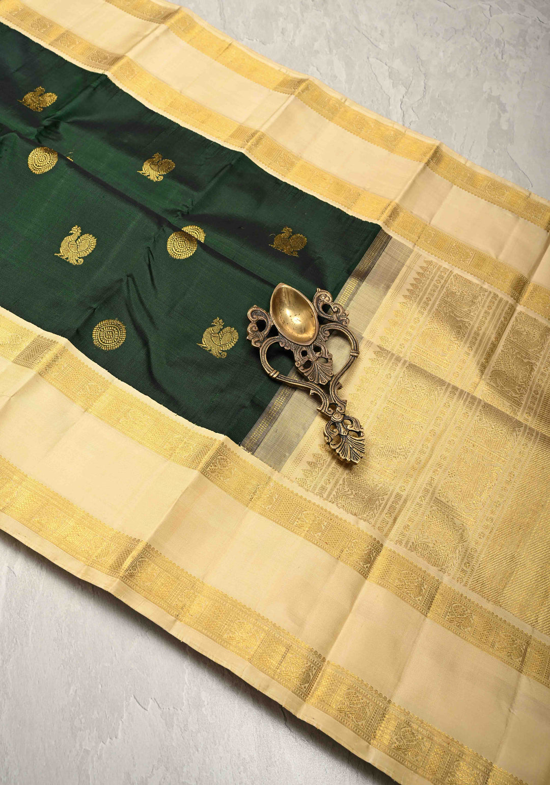 Bottle Green Kanjivaram Pure Silk Saree with Zari Buttas and Korvai Contrast Rettaipet Zari Border | SILK MARK CERTIFIED