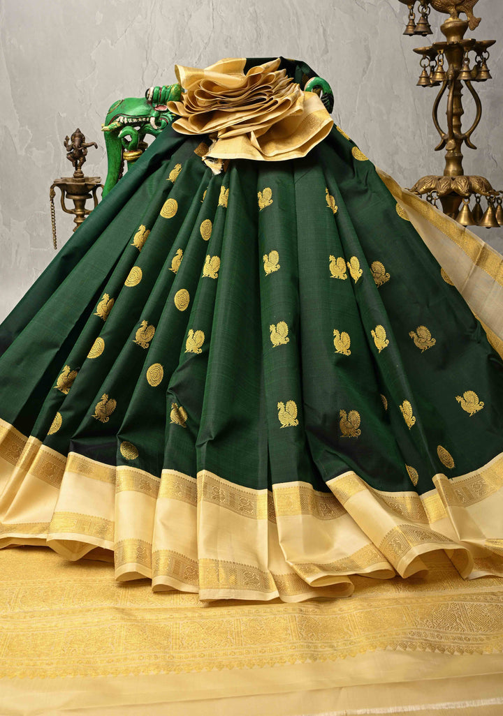 Bottle Green Kanjivaram Pure Silk Saree with Zari Buttas and Korvai Contrast Rettaipet Zari Border | SILK MARK CERTIFIED