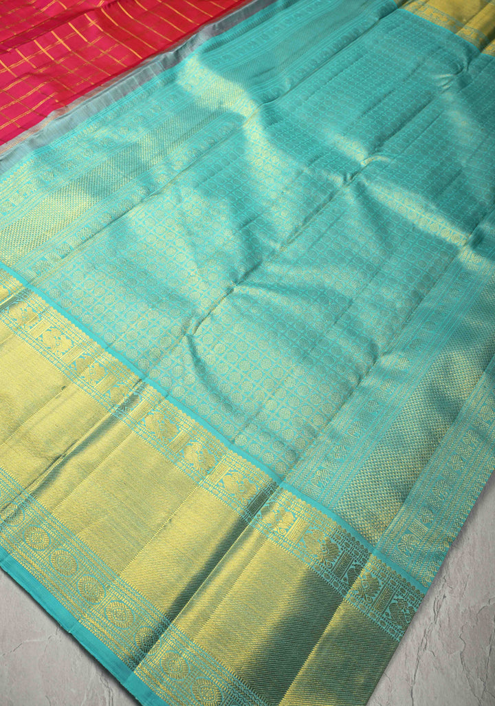 Pure Zari Rani Pink Korvai Kanjivaram Pure Silk Saree with Zari Checks and Contrast Zari Border | SILK MARK CERTIFIED