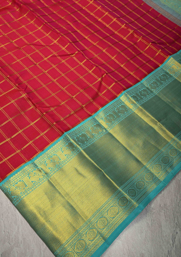 Pure Zari Rani Pink Korvai Kanjivaram Pure Silk Saree with Zari Checks and Contrast Zari Border | SILK MARK CERTIFIED