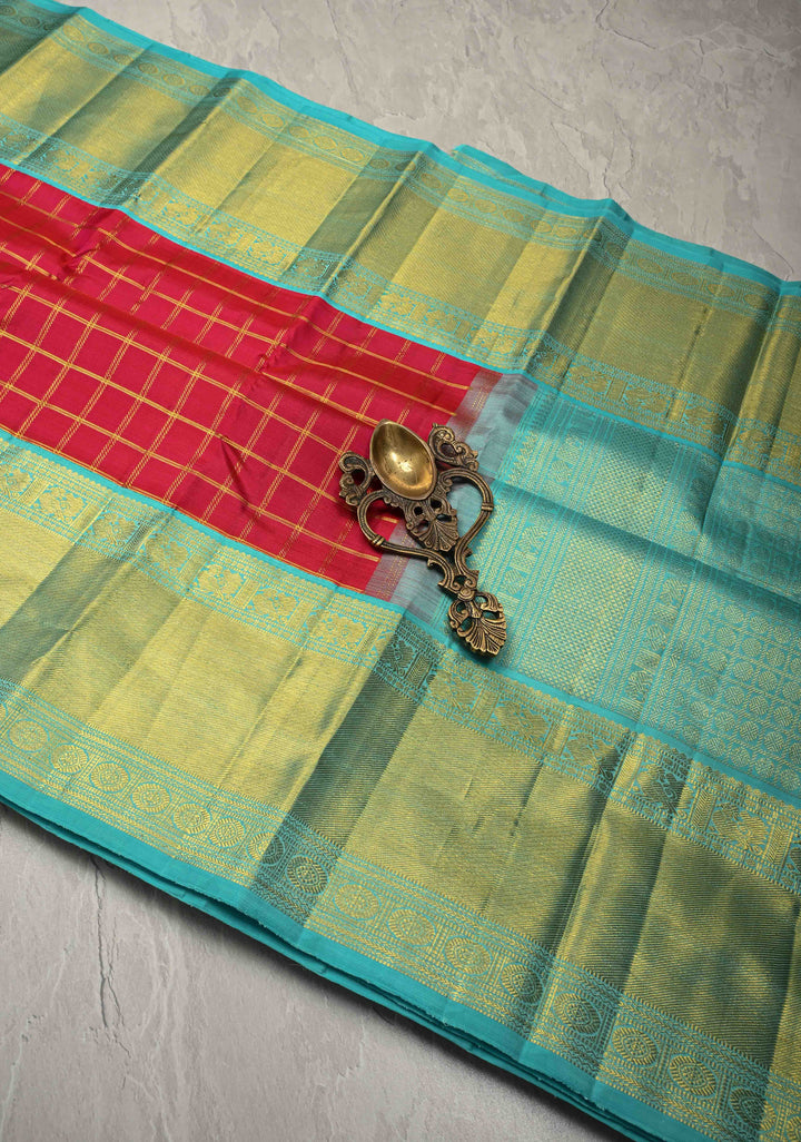 Pure Zari Rani Pink Korvai Kanjivaram Pure Silk Saree with Zari Checks and Contrast Zari Border | SILK MARK CERTIFIED