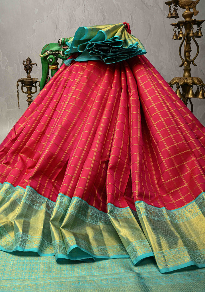 Pure Zari Rani Pink Korvai Kanjivaram Pure Silk Saree with Zari Checks and Contrast Zari Border | SILK MARK CERTIFIED