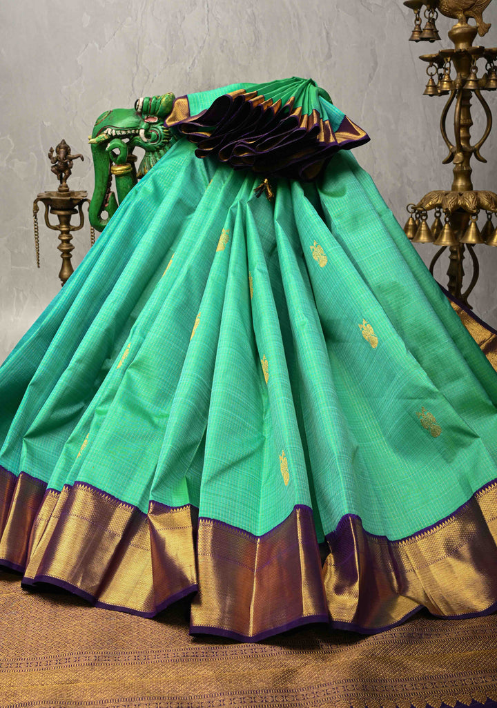 Puer Zari Heritage Podi Kattam Zari checks and Gandaberunda Buttas on Green Dual tone Pure Silk Kanjivaram Saree with Zari | SILK MARK CERTIFIED