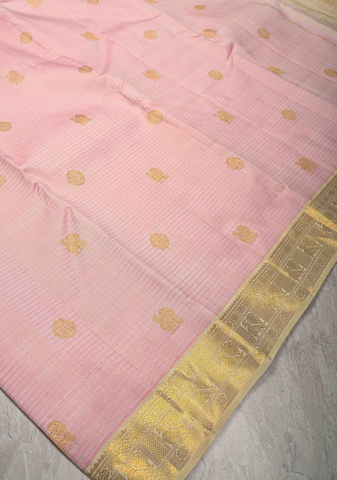 Light Rose Pink  Kanjivaram Pure Silk Saree with Podi Kattam Zari Buttas and Contrast Zari Border | SILK MARK CERTIFIED