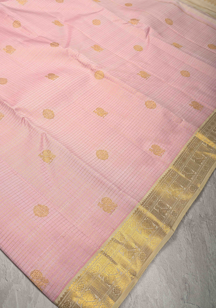 Light Rose Pink  Kanjivaram Pure Silk Saree with Podi Kattam Zari Buttas and Contrast Zari Border | SILK MARK CERTIFIED