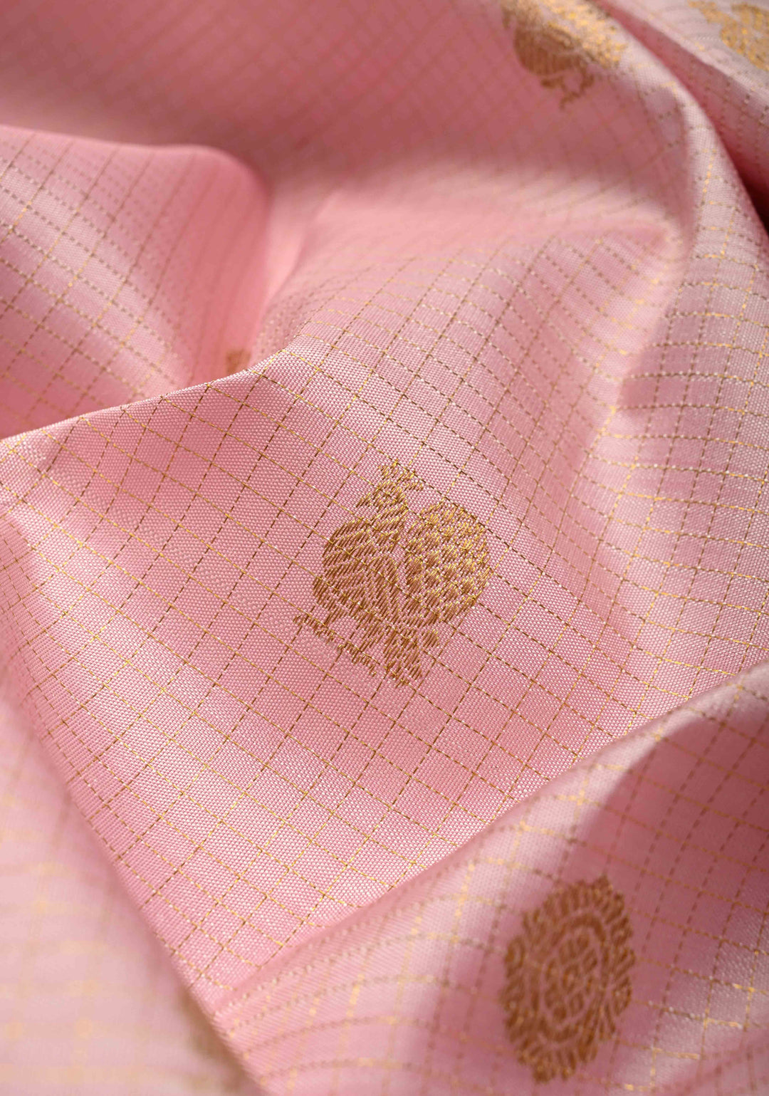 Light Rose Pink  Kanjivaram Pure Silk Saree with Podi Kattam Zari Buttas and Contrast Zari Border | SILK MARK CERTIFIED