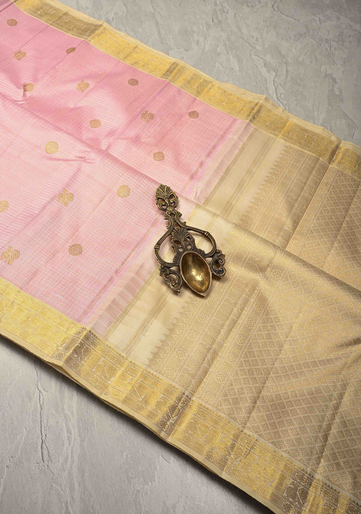Light Rose Pink  Kanjivaram Pure Silk Saree with Podi Kattam Zari Buttas and Contrast Zari Border | SILK MARK CERTIFIED