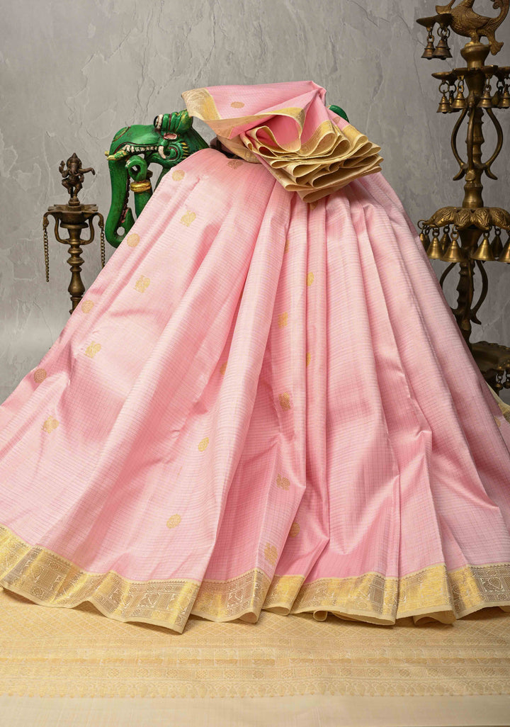 Light Rose Pink  Kanjivaram Pure Silk Saree with Podi Kattam Zari Buttas and Contrast Zari Border | SILK MARK CERTIFIED