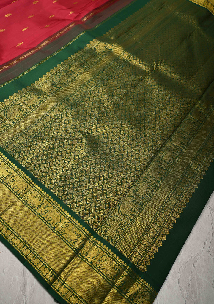 Reddish Pink Korvai Kanjivaram Pure Silk Saree with Floral Zari Buttas and Contrast Zari Border | SILK MARK CERTIFIED