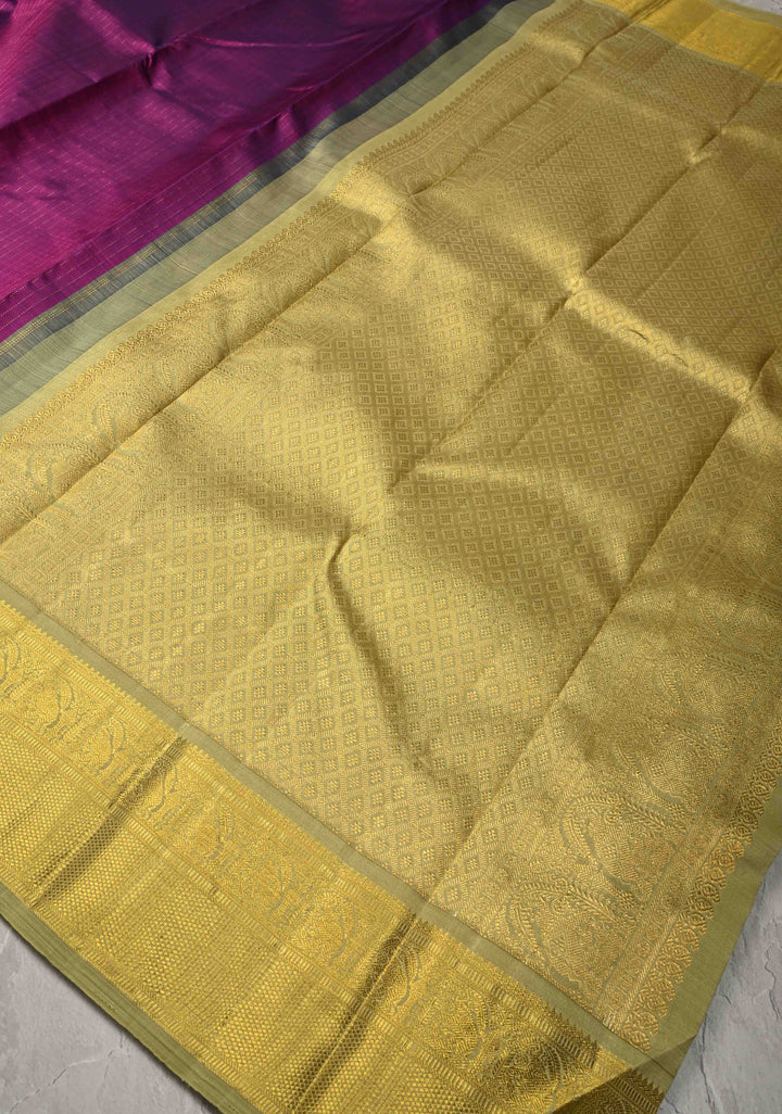 Magenta Kanjivaram Pure Silk Saree with Vertical Stripes and Korvai Contrast Zari Border | SILK MARK CERTIFIED