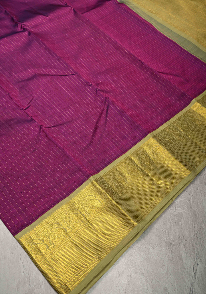 Magenta Kanjivaram Pure Silk Saree with Vertical Stripes and Korvai Contrast Zari Border | SILK MARK CERTIFIED