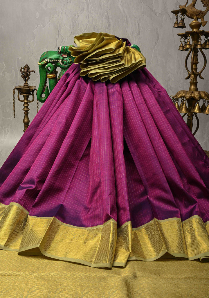 Magenta Kanjivaram Pure Silk Saree with Vertical Stripes and Korvai Contrast Zari Border | SILK MARK CERTIFIED