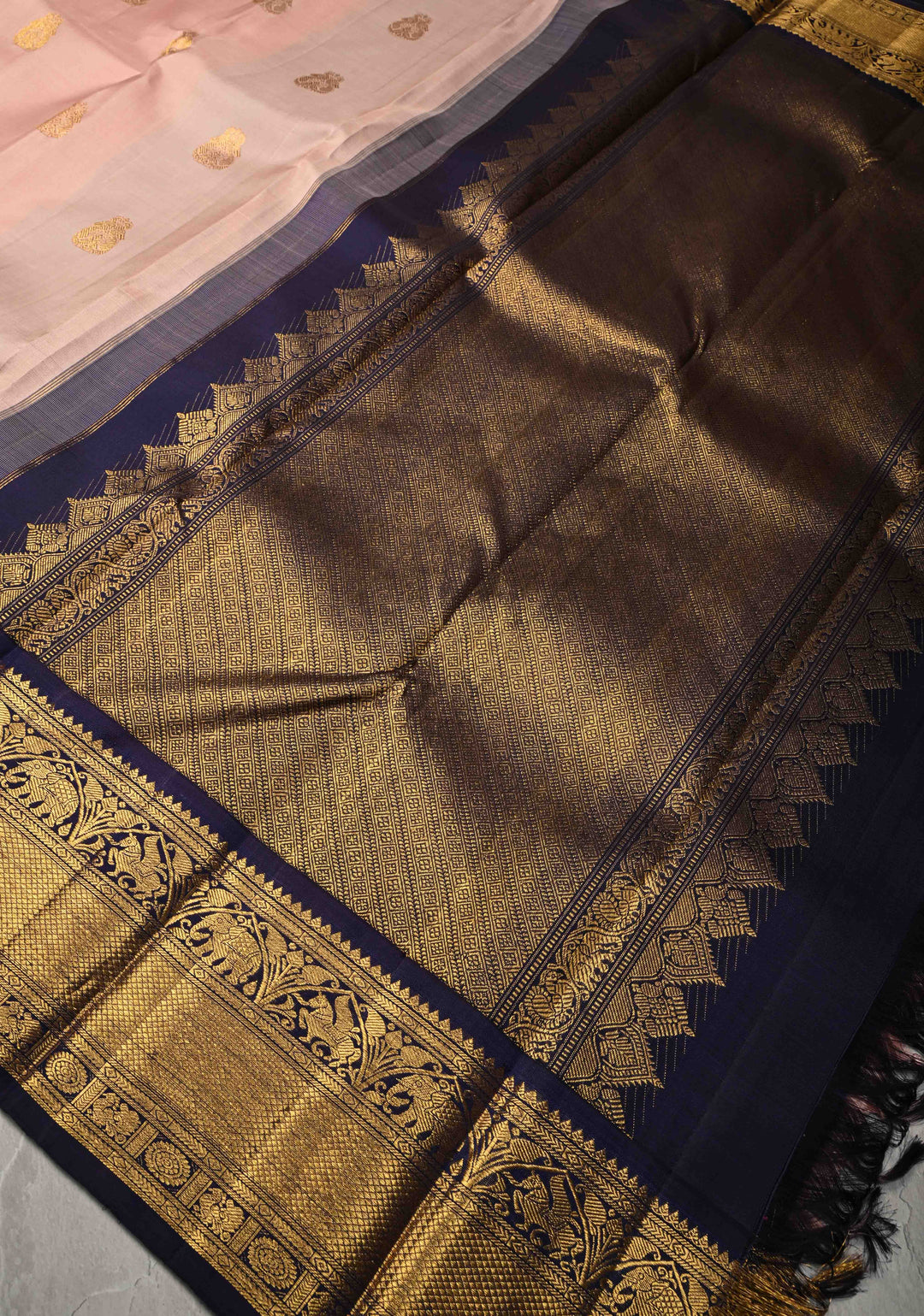 Dusty Rose Korvai Kanjivaram Pure Silk Saree with Zari Buttas and Contrast Zari Border | SILK MARK CERTIFIED