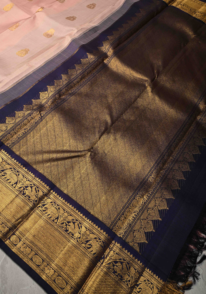 Dusty Rose Korvai Kanjivaram Pure Silk Saree with Zari Buttas and Contrast Zari Border | SILK MARK CERTIFIED