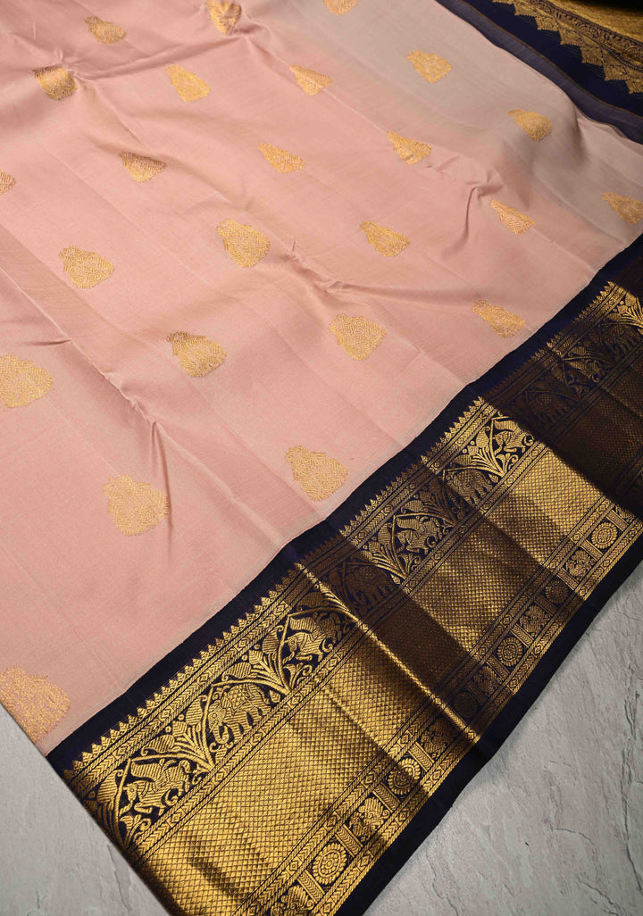 Dusty Rose Korvai Kanjivaram Pure Silk Saree with Zari Buttas and Contrast Zari Border | SILK MARK CERTIFIED