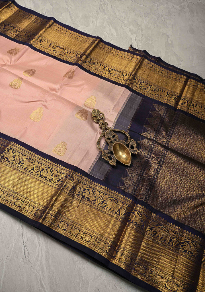 Dusty Rose Korvai Kanjivaram Pure Silk Saree with Zari Buttas and Contrast Zari Border | SILK MARK CERTIFIED