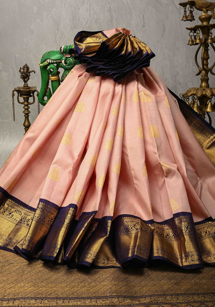Dusty Rose Korvai Kanjivaram Pure Silk Saree with Zari Buttas and Contrast Zari Border | SILK MARK CERTIFIED