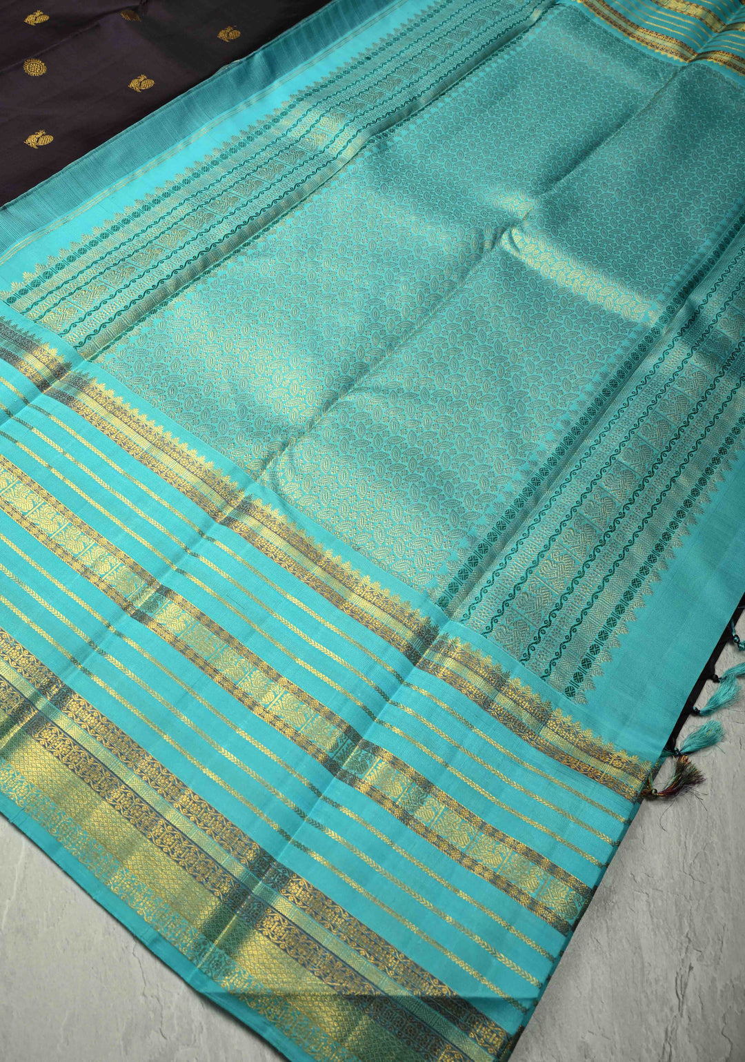 Pure Zari Deep Plum Brown Korvai Kanjivaram Pure Silk Saree with Peacock-Mandala Motifs and Contrast Wide Zari Border | SILK MARK CERTIFIED