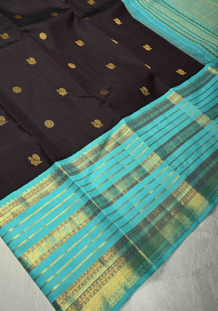 Pure Zari Deep Plum Brown Korvai Kanjivaram Pure Silk Saree with Peacock-Mandala Motifs and Contrast Wide Zari Border | SILK MARK CERTIFIED
