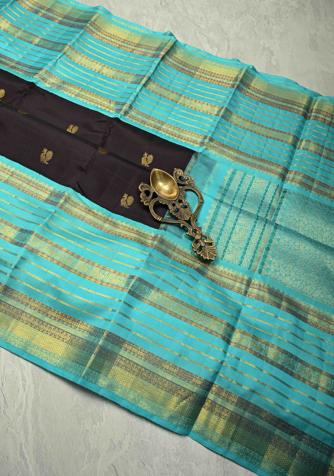 Pure Zari Deep Plum Brown Korvai Kanjivaram Pure Silk Saree with Peacock-Mandala Motifs and Contrast Wide Zari Border | SILK MARK CERTIFIED