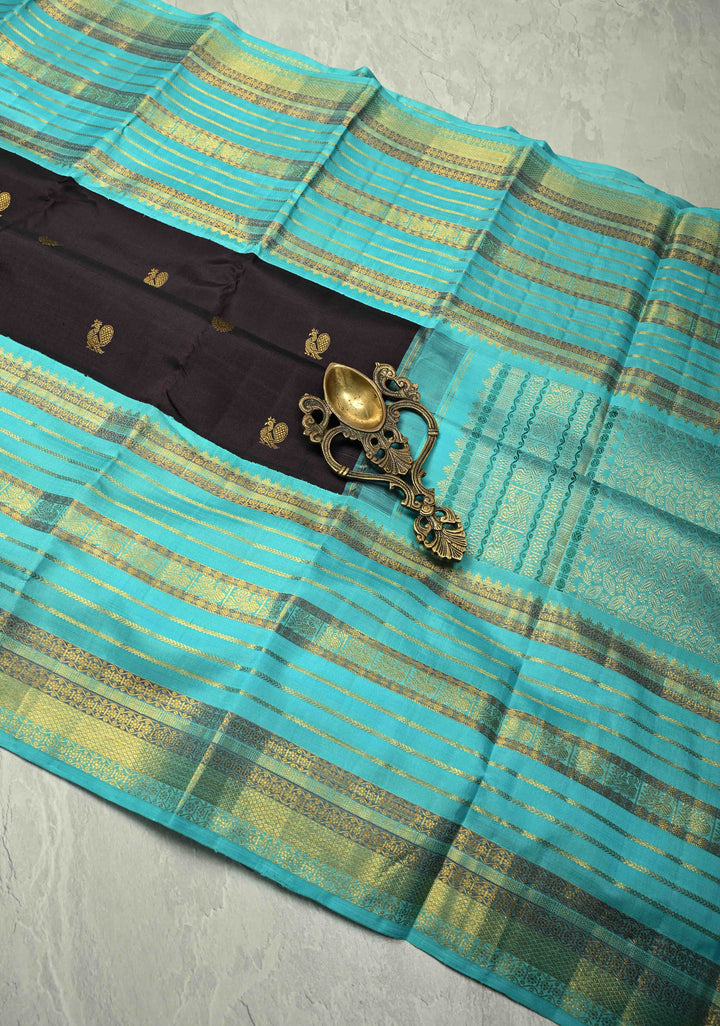 Pure Zari Deep Plum Brown Korvai Kanjivaram Pure Silk Saree with Peacock-Mandala Motifs and Contrast Wide Zari Border | SILK MARK CERTIFIED
