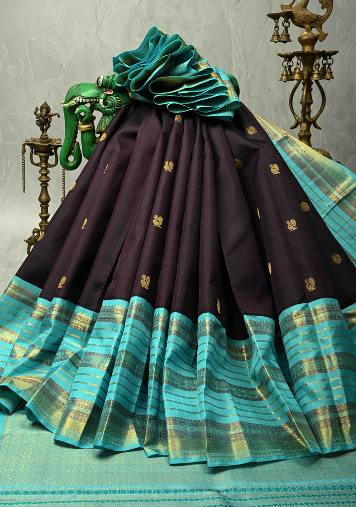 Pure Zari Deep Plum Brown Korvai Kanjivaram Pure Silk Saree with Peacock-Mandala Motifs and Contrast Wide Zari Border | SILK MARK CERTIFIED