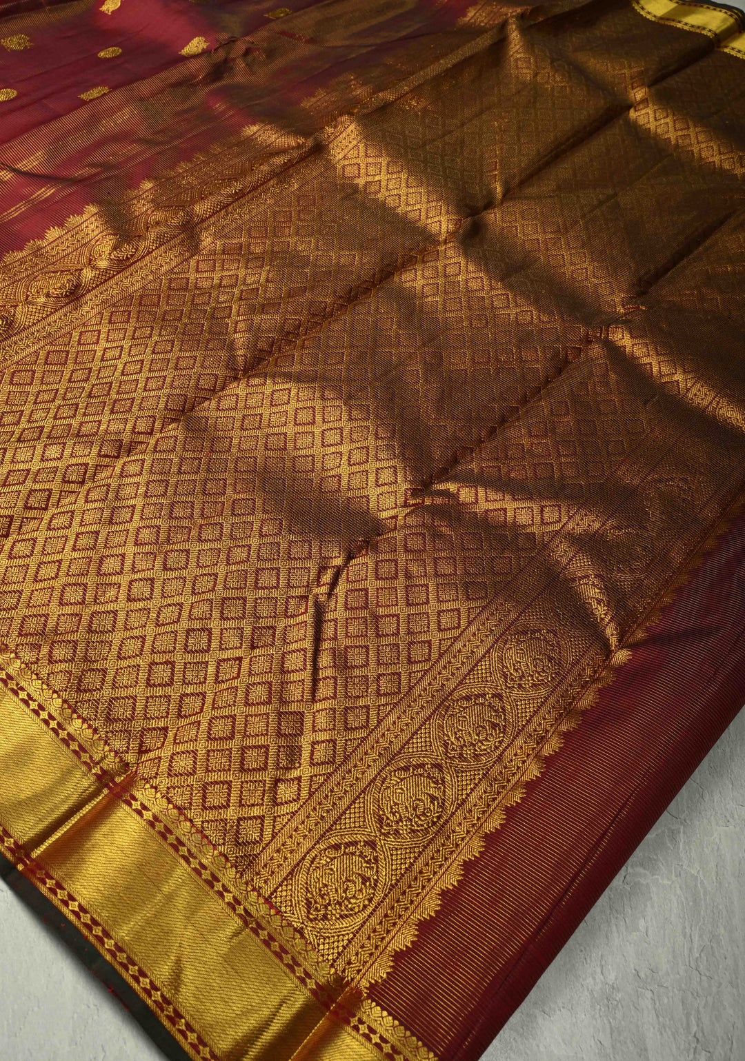 Maroon Vairaoosi Zari Stripes on Kanjivaram Pure Silk Handloom Saree with Zari Buttas and Zari Border | SILK MARK CERTIFIED