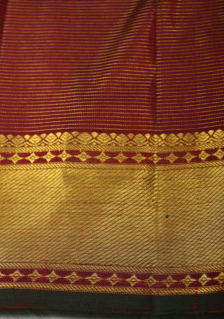 Maroon Vairaoosi Zari Stripes on Kanjivaram Pure Silk Handloom Saree with Zari Buttas and Zari Border | SILK MARK CERTIFIED