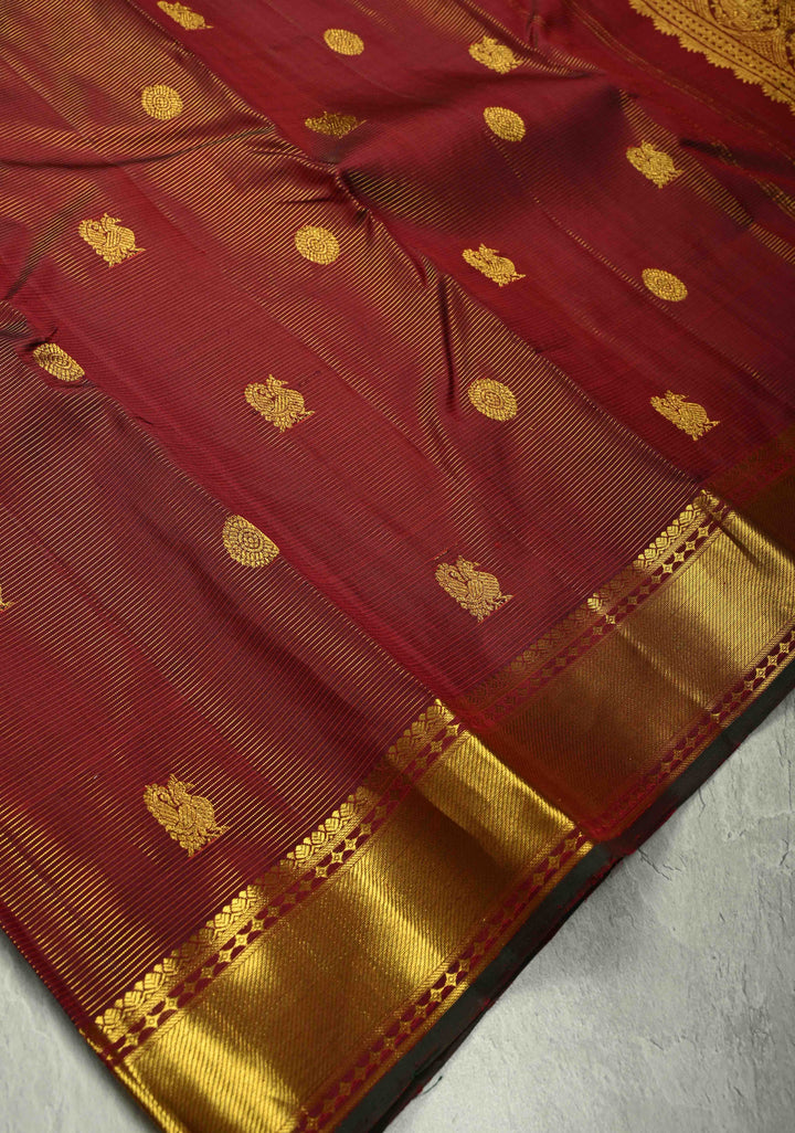 Maroon Vairaoosi Zari Stripes on Kanjivaram Pure Silk Handloom Saree with Zari Buttas and Zari Border | SILK MARK CERTIFIED