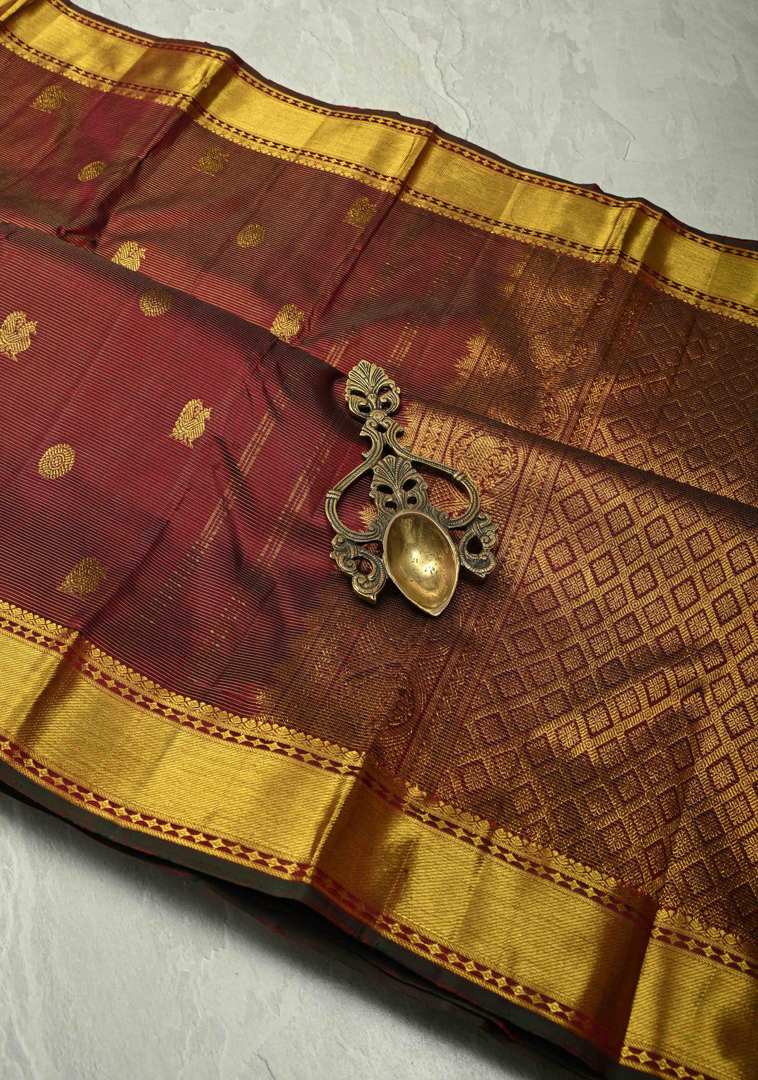 Maroon Vairaoosi Zari Stripes on Kanjivaram Pure Silk Handloom Saree with Zari Buttas and Zari Border | SILK MARK CERTIFIED