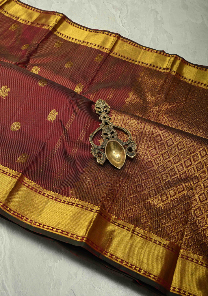 Maroon Vairaoosi Zari Stripes on Kanjivaram Pure Silk Handloom Saree with Zari Buttas and Zari Border | SILK MARK CERTIFIED