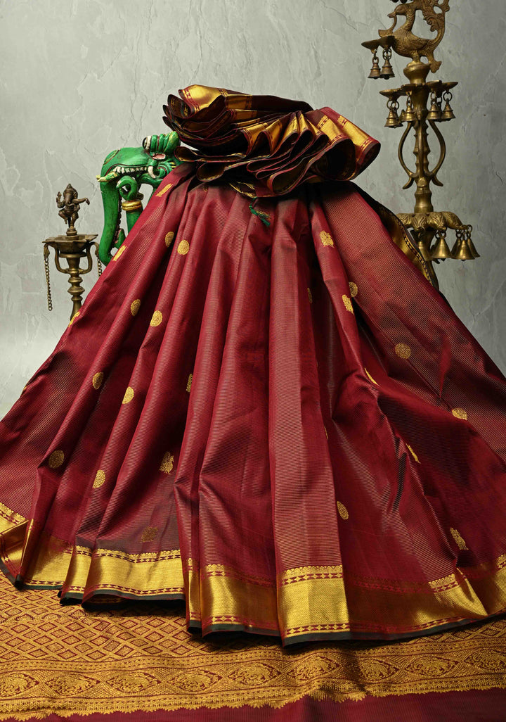 Maroon Vairaoosi Zari Stripes on Kanjivaram Pure Silk Handloom Saree with Zari Buttas and Zari Border | SILK MARK CERTIFIED