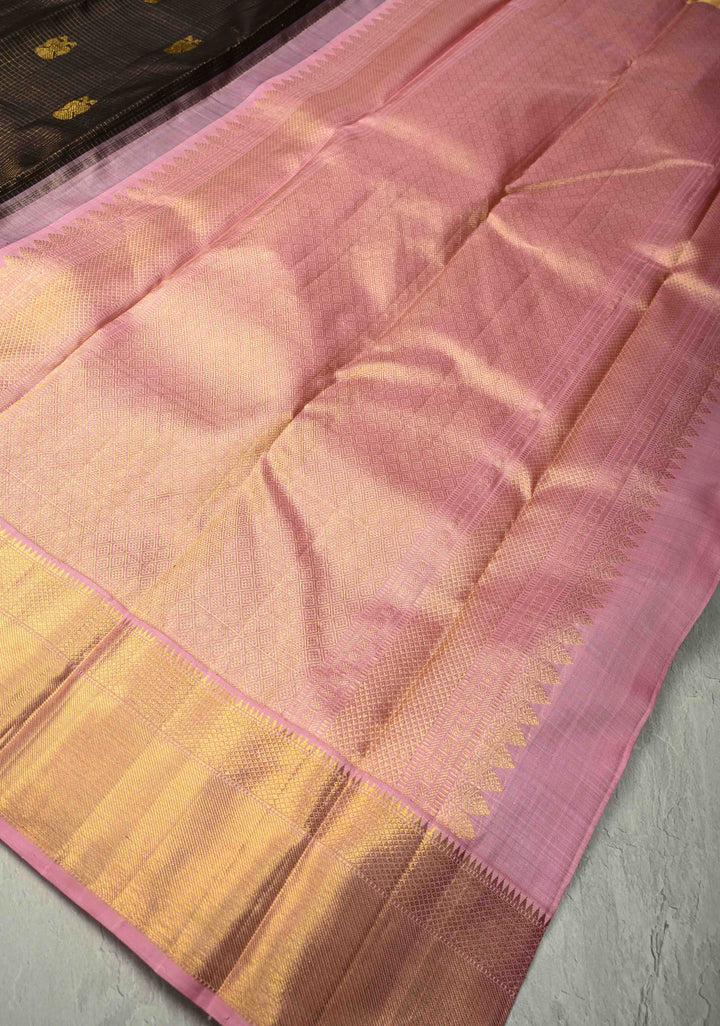 Dark Brown Podi Kattam Zari Checks on Kanjivaram Pure Silk Saree with Ganda Berunda Motif and Contrast Zari Border | SILK MARK CERTIFIED