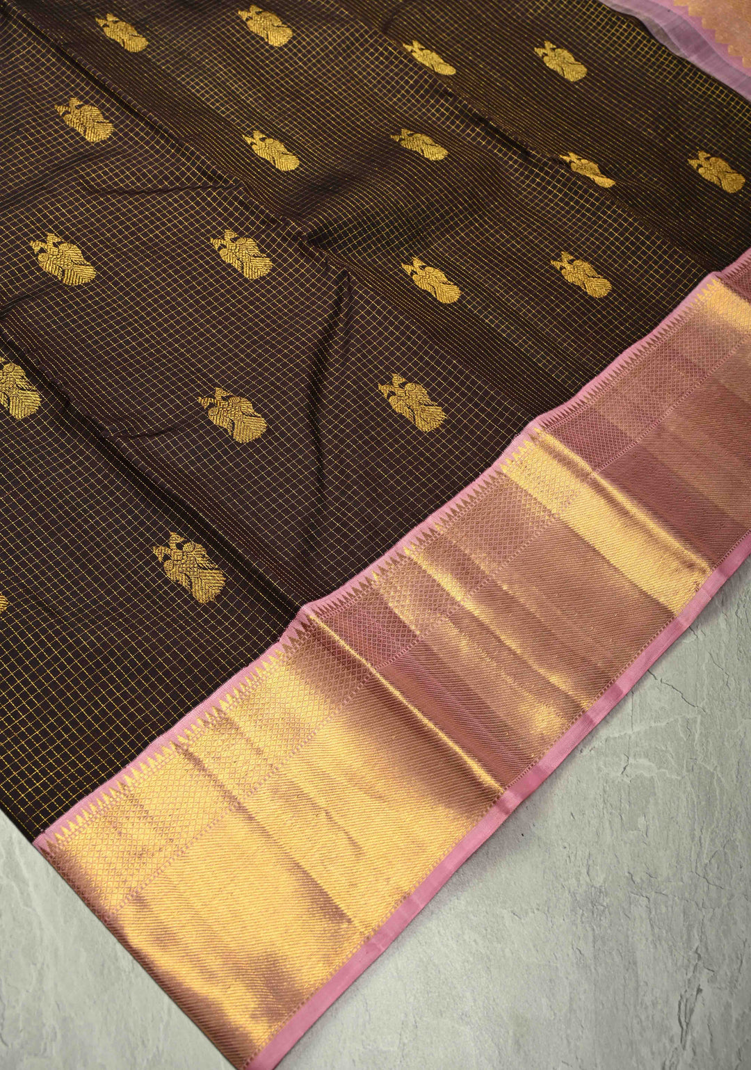 Dark Brown Podi Kattam Zari Checks on Kanjivaram Pure Silk Saree with Ganda Berunda Motif and Contrast Zari Border | SILK MARK CERTIFIED