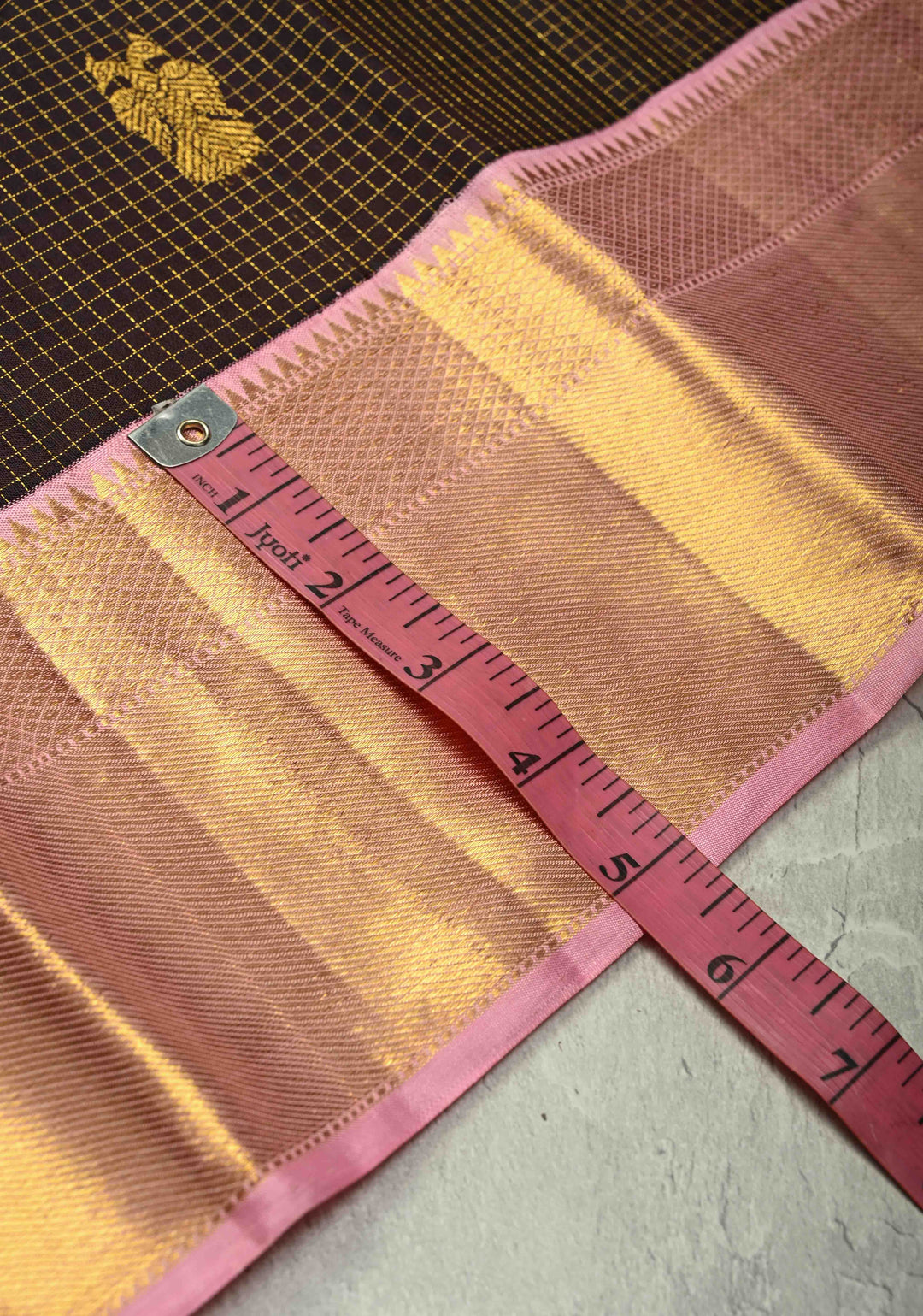 Dark Brown Podi Kattam Zari Checks on Kanjivaram Pure Silk Saree with Ganda Berunda Motif and Contrast Zari Border | SILK MARK CERTIFIED