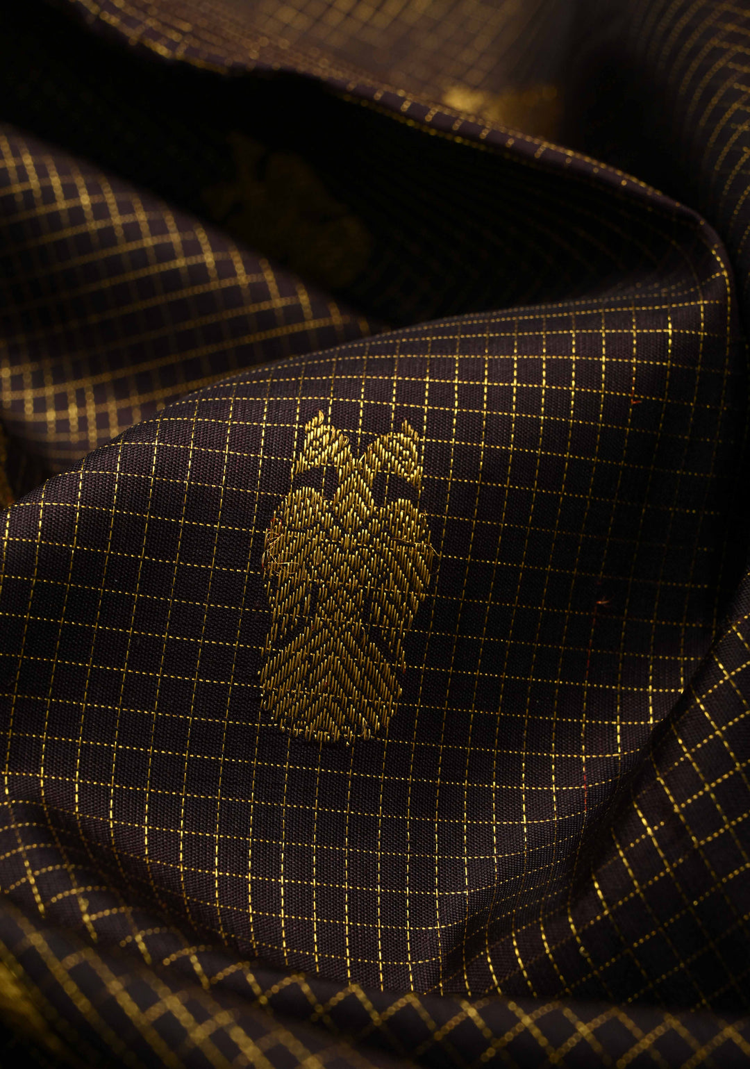 Dark Brown Podi Kattam Zari Checks on Kanjivaram Pure Silk Saree with Ganda Berunda Motif and Contrast Zari Border | SILK MARK CERTIFIED