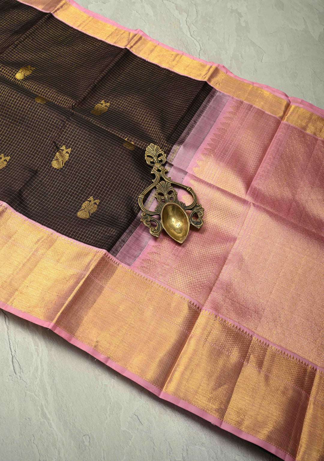 Dark Brown Podi Kattam Zari Checks on Kanjivaram Pure Silk Saree with Ganda Berunda Motif and Contrast Zari Border | SILK MARK CERTIFIED