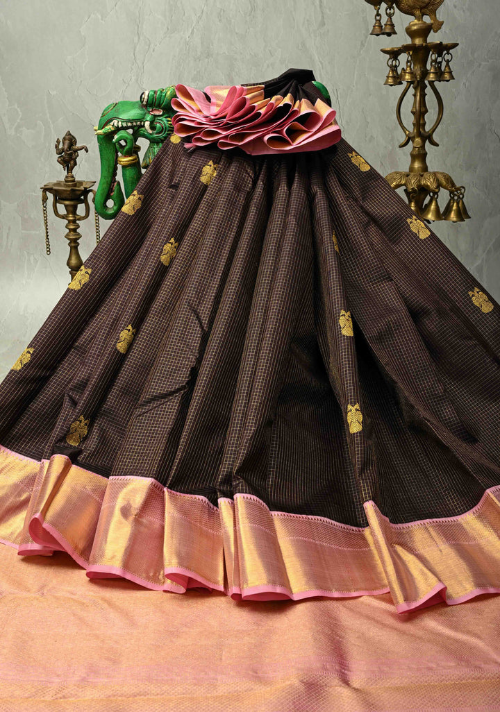 Dark Brown Podi Kattam Zari Checks on Kanjivaram Pure Silk Saree with Ganda Berunda Motif and Contrast Zari Border | SILK MARK CERTIFIED