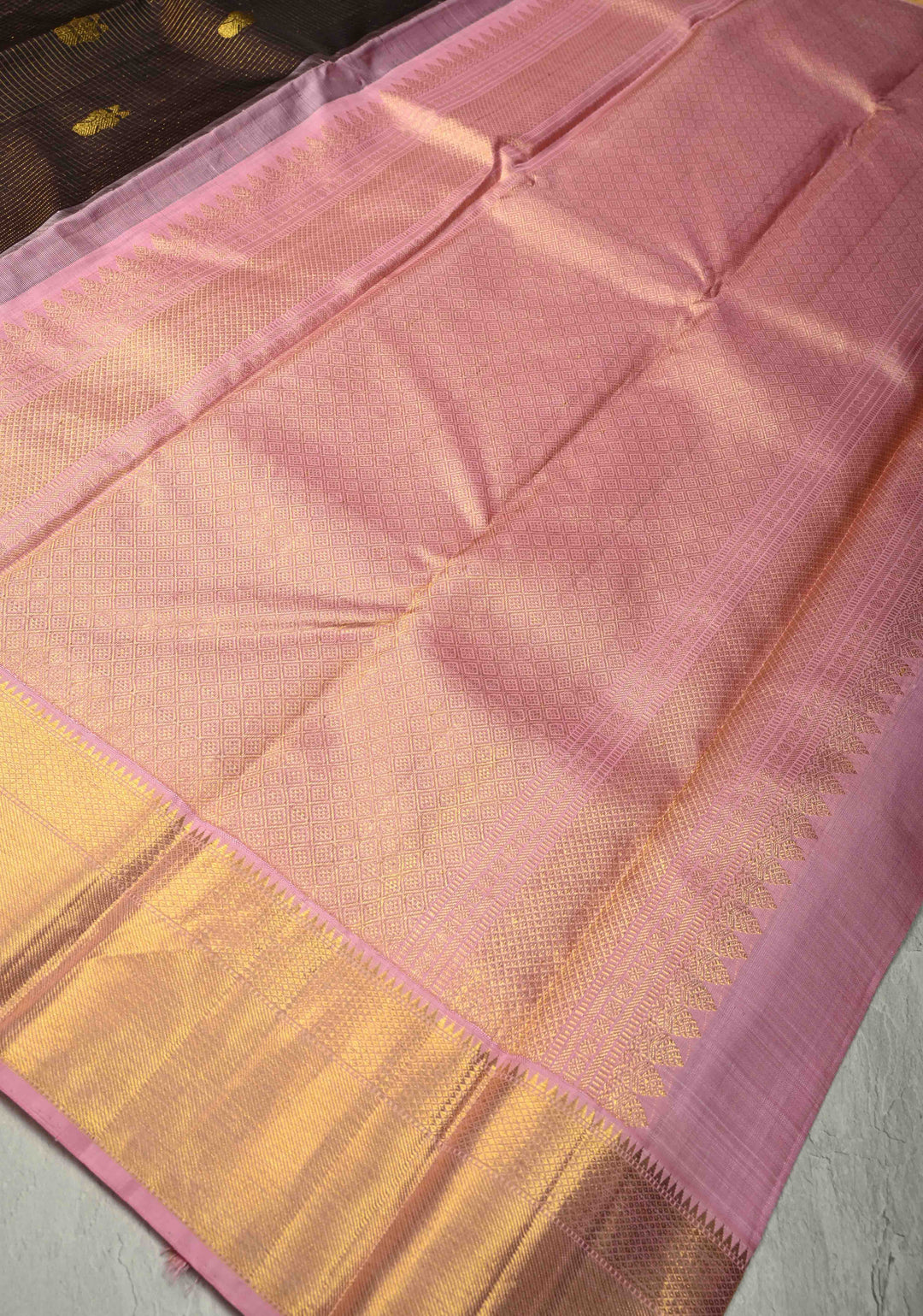 Dark Brown Podi Kattam Zari Checks on Kanjivaram Pure Silk Saree with Ganda Berunda Motif and Contrast Zari Border | SILK MARK CERTIFIED