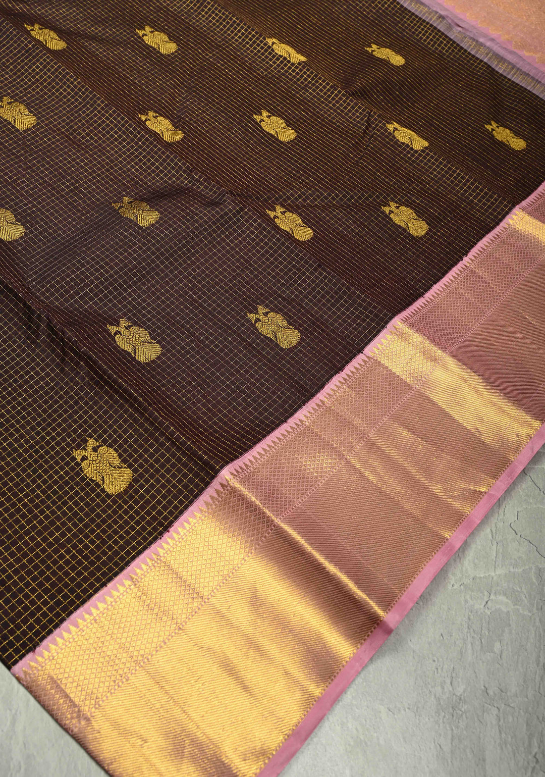 Dark Brown Podi Kattam Zari Checks on Kanjivaram Pure Silk Saree with Ganda Berunda Motif and Contrast Zari Border | SILK MARK CERTIFIED