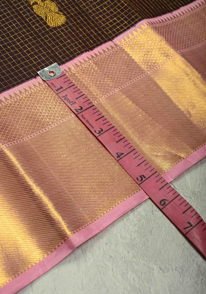 Dark Brown Podi Kattam Zari Checks on Kanjivaram Pure Silk Saree with Ganda Berunda Motif and Contrast Zari Border | SILK MARK CERTIFIED