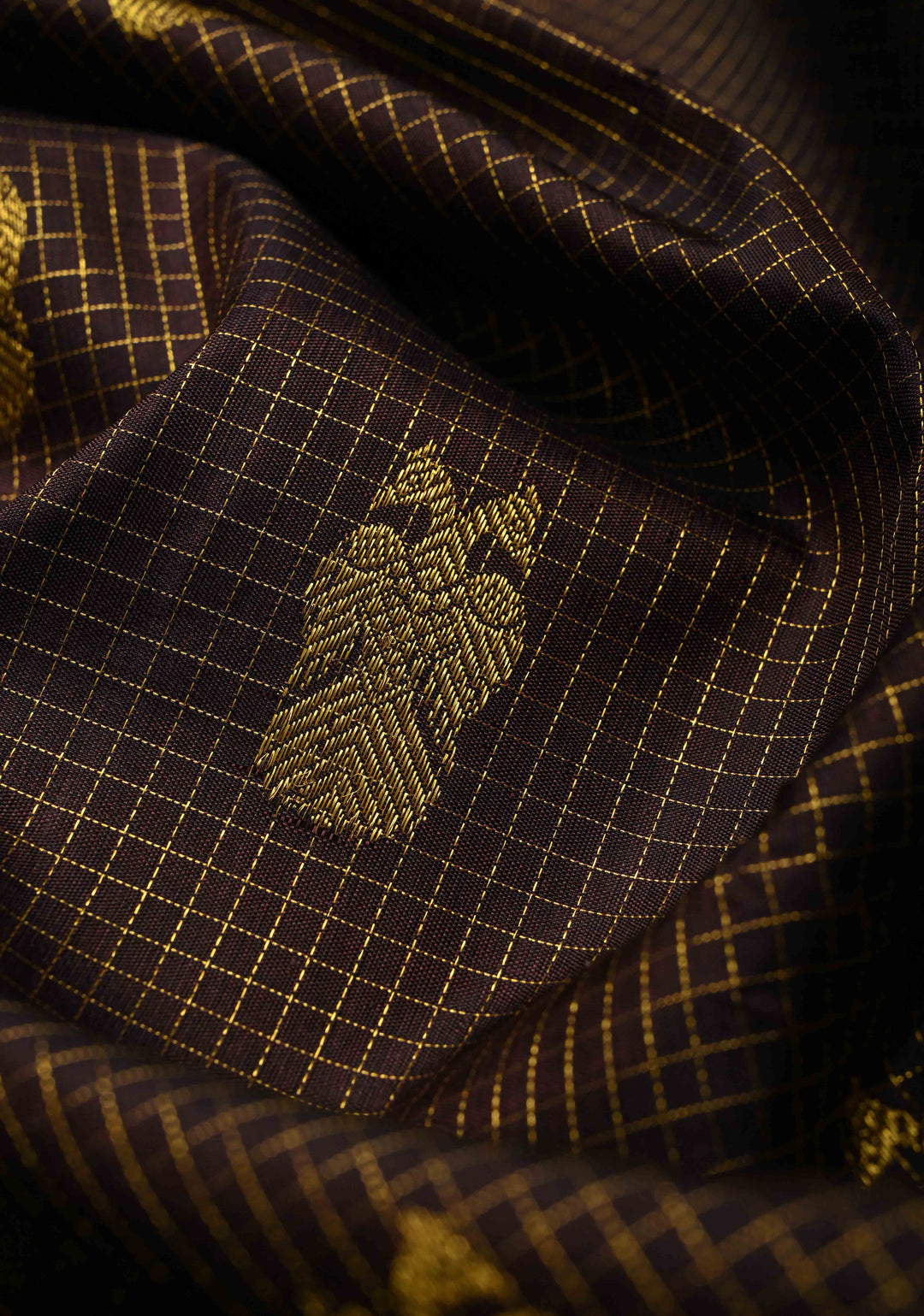 Dark Brown Podi Kattam Zari Checks on Kanjivaram Pure Silk Saree with Ganda Berunda Motif and Contrast Zari Border | SILK MARK CERTIFIED