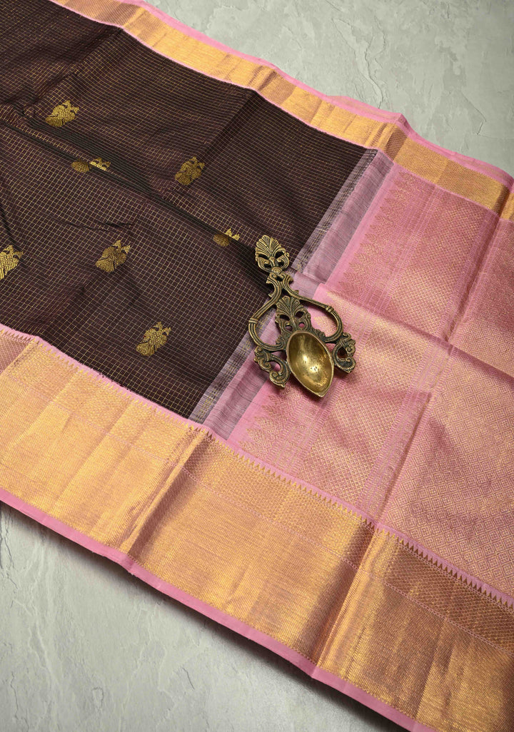 Dark Brown Podi Kattam Zari Checks on Kanjivaram Pure Silk Saree with Ganda Berunda Motif and Contrast Zari Border | SILK MARK CERTIFIED