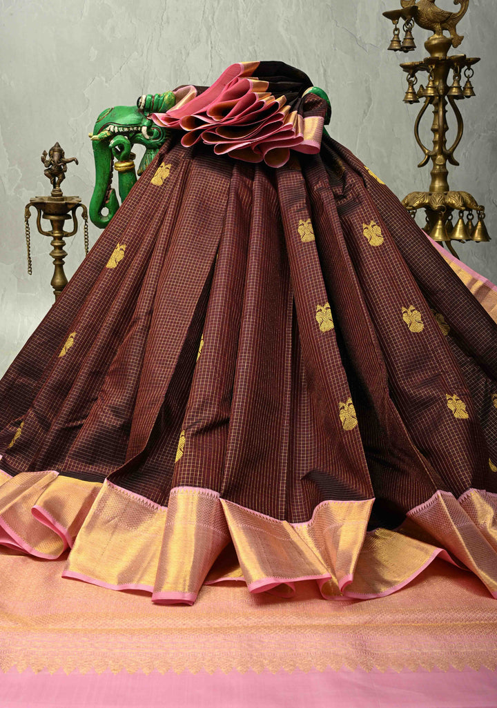 Dark Brown Podi Kattam Zari Checks on Kanjivaram Pure Silk Saree with Ganda Berunda Motif and Contrast Zari Border | SILK MARK CERTIFIED