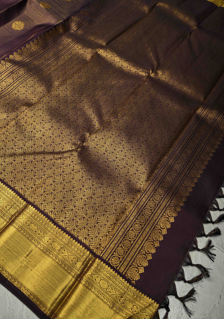 Eggplant Purple Dual Tone Vairaoosi Zari Stripes on Kanjivaram Pure Silk Handloom Saree with Zari Buttas and Zari Border | SILK MARK CERTIFIED