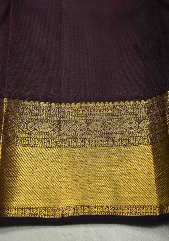 Eggplant Purple Dual Tone Vairaoosi Zari Stripes on Kanjivaram Pure Silk Handloom Saree with Zari Buttas and Zari Border | SILK MARK CERTIFIED