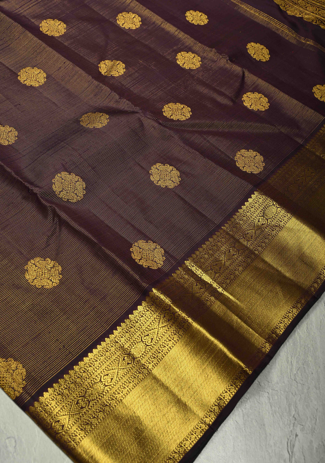 Eggplant Purple Dual Tone Vairaoosi Zari Stripes on Kanjivaram Pure Silk Handloom Saree with Zari Buttas and Zari Border | SILK MARK CERTIFIED