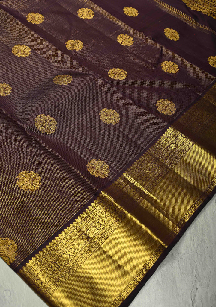 Eggplant Purple Dual Tone Vairaoosi Zari Stripes on Kanjivaram Pure Silk Handloom Saree with Zari Buttas and Zari Border | SILK MARK CERTIFIED