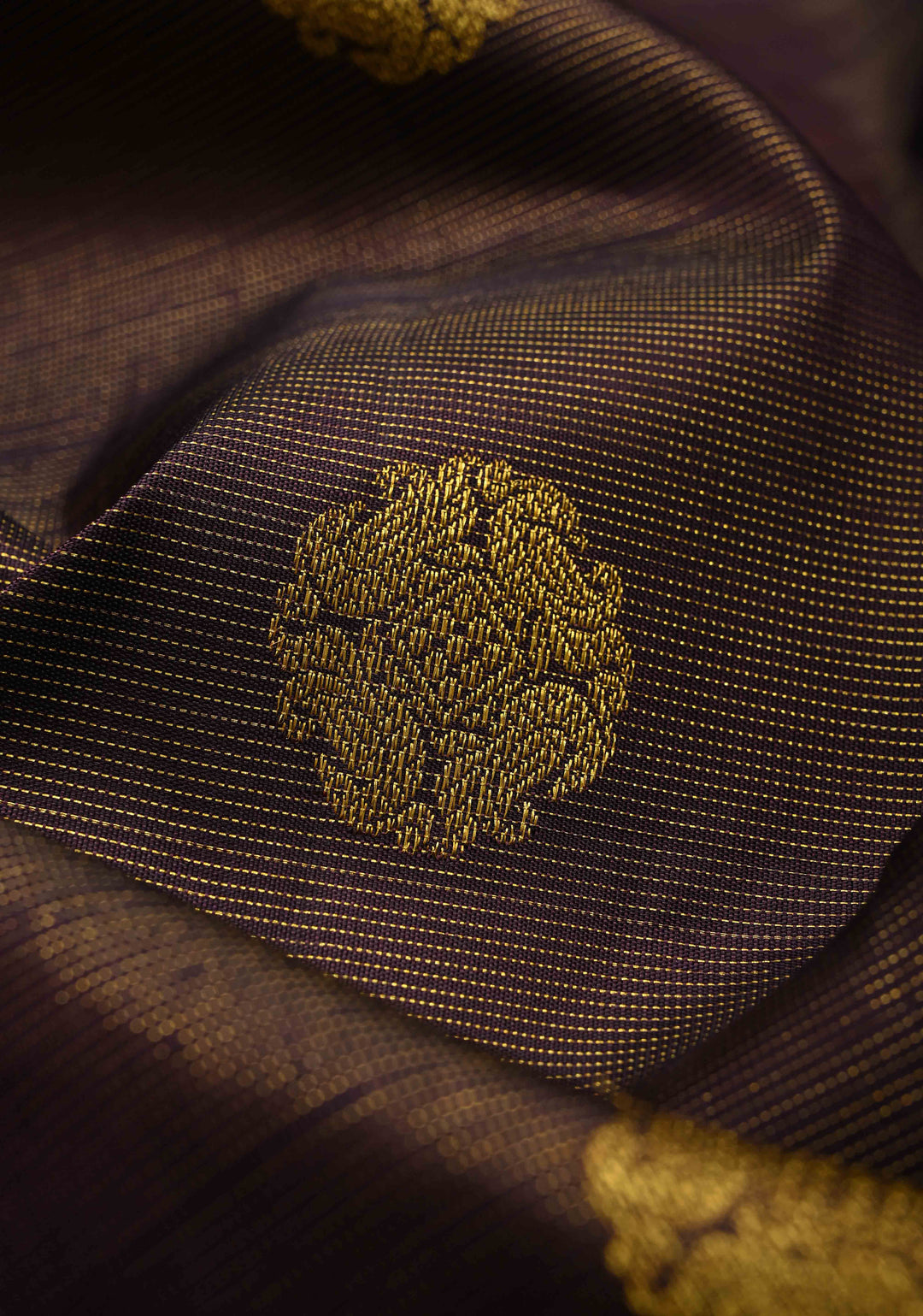 Eggplant Purple Dual Tone Vairaoosi Zari Stripes on Kanjivaram Pure Silk Handloom Saree with Zari Buttas and Zari Border | SILK MARK CERTIFIED