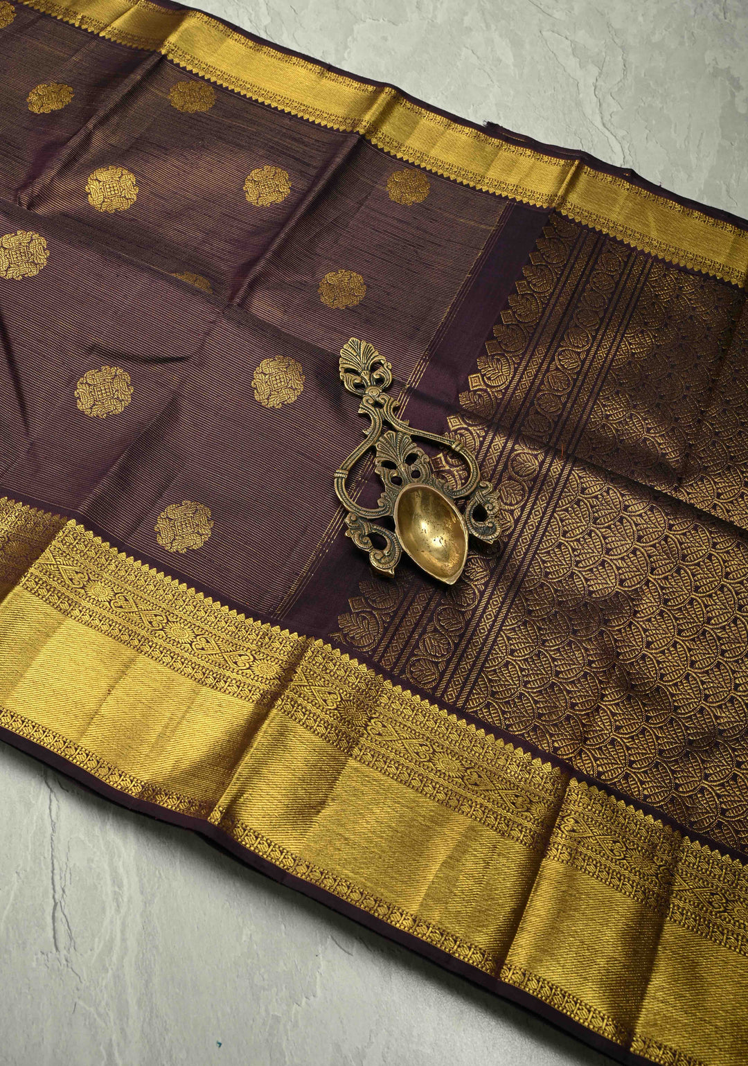 Eggplant Purple Dual Tone Vairaoosi Zari Stripes on Kanjivaram Pure Silk Handloom Saree with Zari Buttas and Zari Border | SILK MARK CERTIFIED